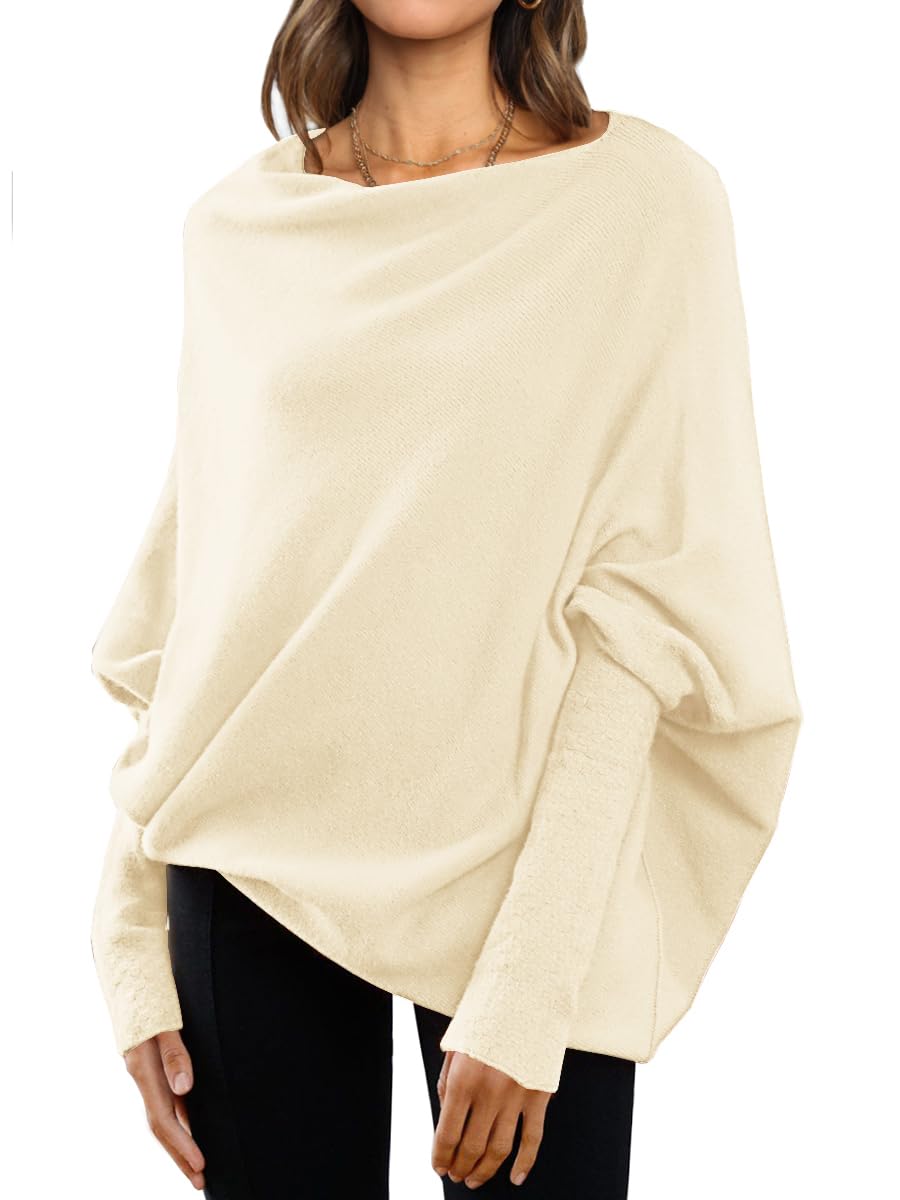 LILLUSORYWomens Batwing Oversized Sweaters Assymetrical Off The Shoulder Boat Neck Wrap Tunic Tops Fall Fashion Cloth Outfit
