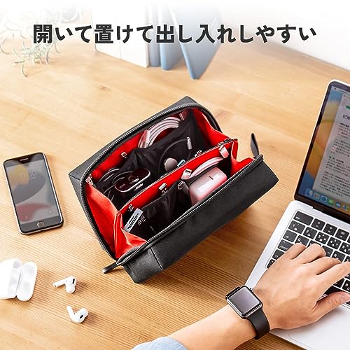 サンワダイレクト ガジェットポーチ 大容量 ダブルルーム ジャバラ式 トラベルポーチ 旅行 自立 ブラック 200-BAGIN034BK
