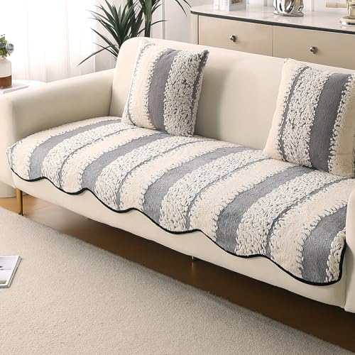 Image of HOKIPO Luxury Wavy Anti Slip Plush Sofa Cover Mat | Make Your Own Sofa Cover Set, Mat Length 90(D) x 120(L) cm, Pewter Grey (AR-5982-GRY)