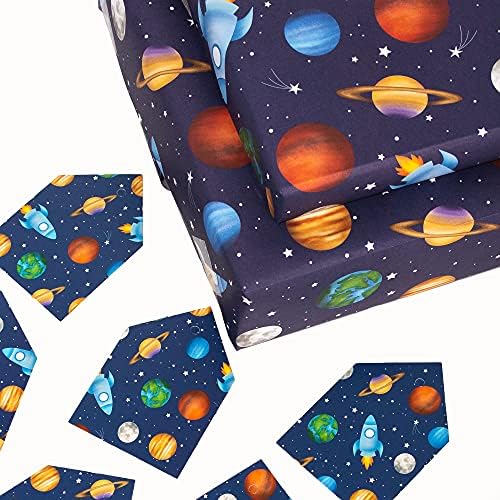 Central 23 - Cute Wrapping Paper for Boys Kids - 6 Sheets of Birthday Giftwrap - Rockets - Planets in Space - Stars - Navy - For Baby Shower or Valentines Day - Colourful - Recyclable