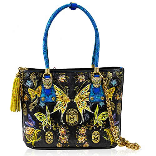 Marino Orlandi Large Tote Purse Handpainted Butterflies Onyx Genuine
