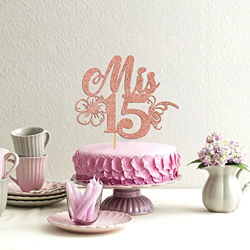 Rose Gold Glitter Mis 15 Cake Topper, Feliz 15 Anos/Mis Quince Anos Cake Decor, Happy 15Th Birthday Party Decorations Supplies For Girls #TOP4