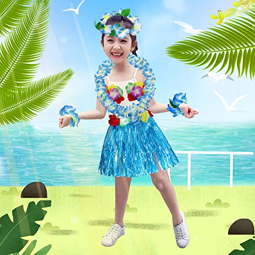 Fighting To Achieve 30Cm Hawaiian Blue Grass Skirt Performance Costume Set For Girls #TOP4