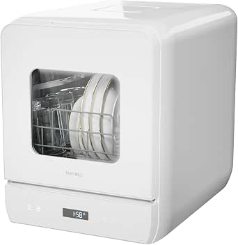 Hermitlux Slim Countertop Portable Dishwasher for Small Spaces, 6 Wash Programs, 5-Liter Water Tank, Glass Door, LED Light, Easy Operation