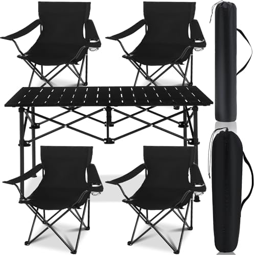 Burbell 5 Pcs Summer Portable Camping Chair and Folding Camping Table Set Outdoor Oxford Fabric Folding Chair Lawn Portable Camp Table with Cup Holder Carry Bag for Travel Fishing Sport(Black)