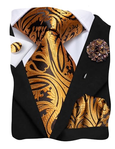 Hi-Tie Juego de alfileres de solapa para hombre, gemelos cuadrados de bolsillo, corbatas de seda tejidas para hombre, boda formal, negro, dorado (01-Black/Gold-Paisley), M