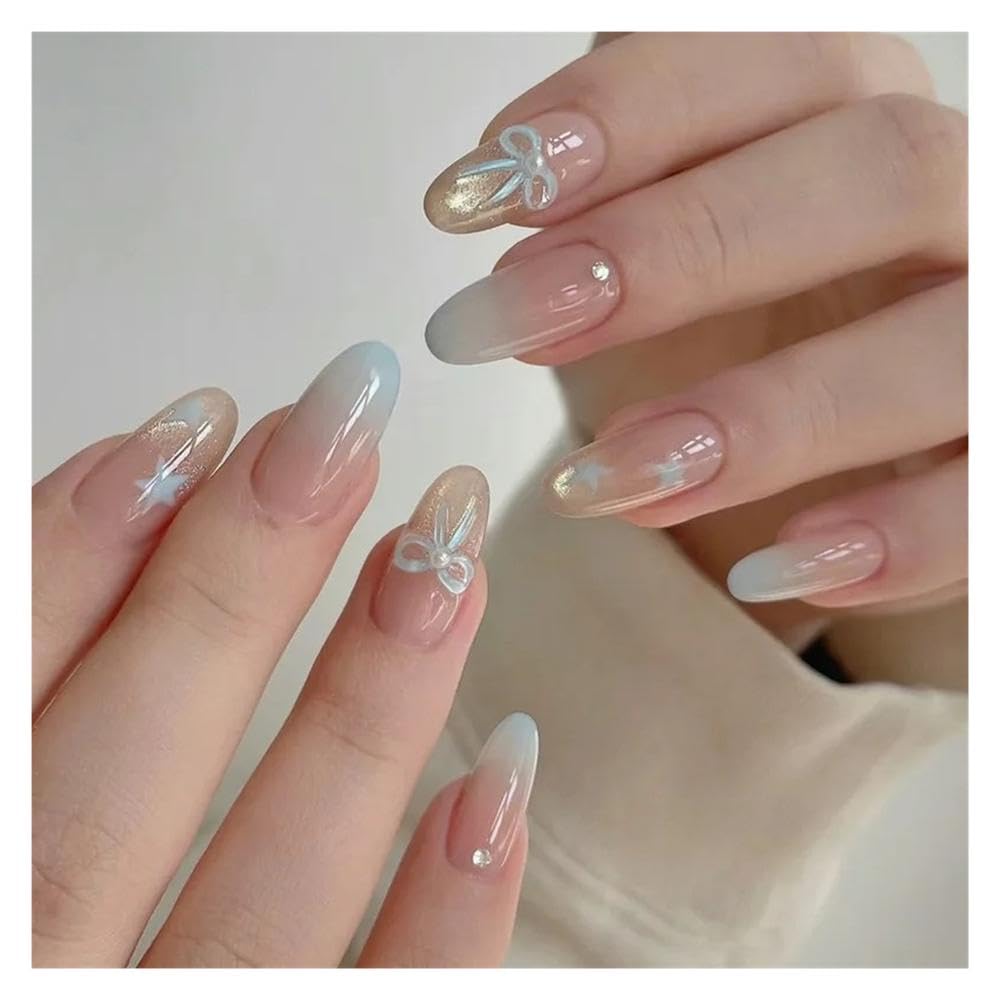 24Pcs Almond Pure Handmade Press On Nails Full Cover Butterfly French Pearl Diamond False Nail Manicure Decorations(Y35)