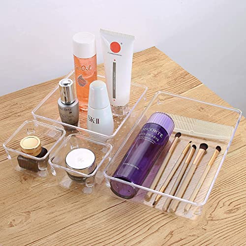 Image of Desk Drawer Organizers Trays Set Clear Plastic Storage Bins Bathroom Drawer Tray Dividers Vanity Trays Organizer for Bedroom Dresser Makeup Kitchen Utensil Office (16pc Set)