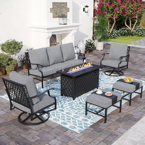 6piecemetaloutdoorpatiofurnituresetwithfirepittablepatioconversationset13seatersofa2swivelchair2ottomanwith575thickcushionblackbackyardfurnituregray Urban Country Home Decor 6 piece metal outdoor patio furniture set with firepit table patio conversation set 1 3 seater sofa 2 swivel chair 2 ottoman with 575 thick cushion black backyard furniture gray urban country home decor