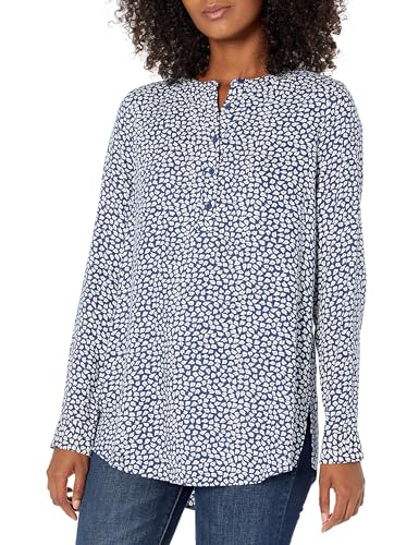 Amazon Essentials Women's Long-Sleeve Woven Blouse, Navy White Petals, XL