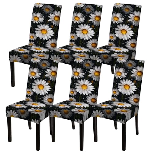 Image of Nuxovilar 6PCS White Daisy Dewdrop Dining Chair Seat Covers Milk Silk | Stretch Slipcover Furniture Protector Daisy Wrap Seat Guard Dining Room Morning Brunch Home Kitchen (Dewdrop Floral)