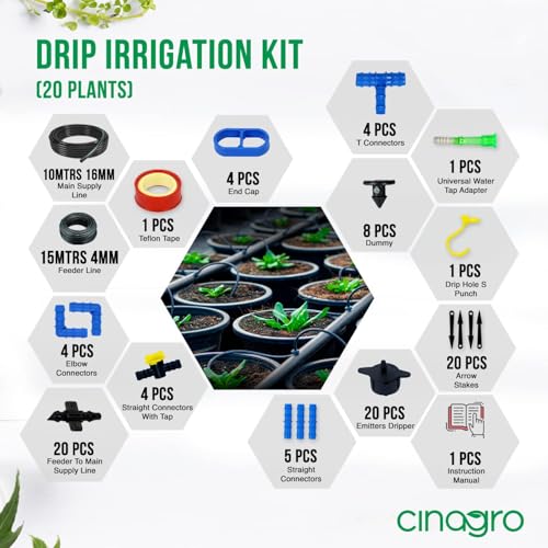 Image of Cinagro Plants Drip Irrigation Kit (20 Plants Kit) Watering Kit for Home Garden, Farming & Agriculture Purposes