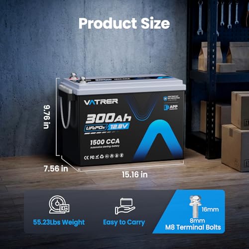 Image of 12V 300Ah Lithium LiFePO4 Battery with APP Monitoring, 200A BMS Rechargeable Starting Battery, High /Low Temperature Protection, 2560W Max Load Power for RVs, Solar, Boats, Off-Grid,Home Energy Storage