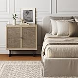 Nathan James Kova Accent Sideboard Storage Cabinet in Light Wood and Rattan with Metal Frame, Adjustable Shelves and Cane Doors, for Hallway, or Living Room, Light Oak/Cane/Black