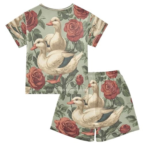 Pajama Sets Short Sleeve Ducks Among Roses Pattern Soft Cotton Summer Sleepwear 2 Piece PJS Size 5-14T2