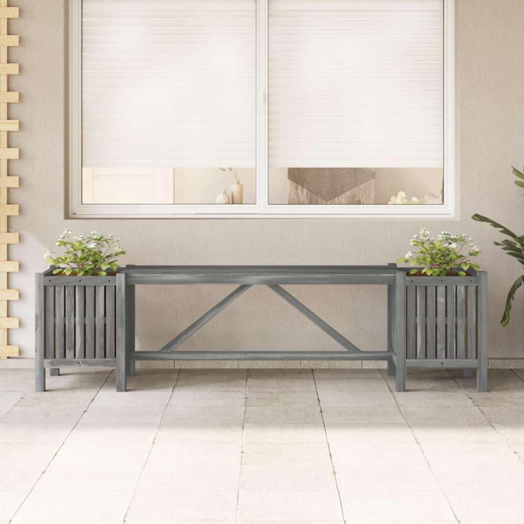 Banc de jardin avec 2 pots de fleurs - 150 cm - En bois massif d'acacia - Gris - Banc d'extérieur pour terrasse, jardin, balcon, siège résistant aux intempéries avec espace de rangement et