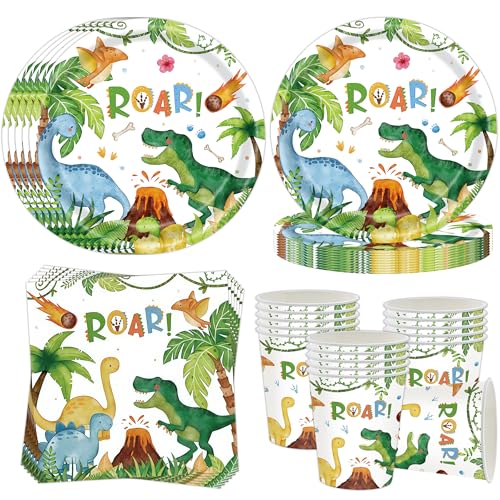 Vaisselle de fête dinosaure pour 16 invités, 52 assiettes en carton, décoration de vaisselle de fête jurassique, assiettes en carton dinosaures, serviettes, gobelets, vaisselle de fête pour garçons et
