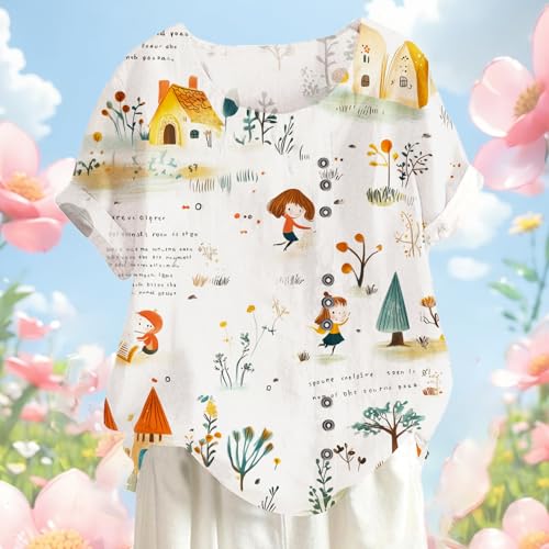 Short Sleeve Blouses for Women Casual Floral Tops Funny Cute Print Graffiti Tops Summer Crewneck Button Loose Shirts2