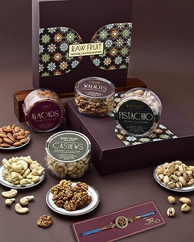 Image of Hyperfoods Rakhi For Brother Rakhi Gift Set For Brother Rakhi Gift Hamper Rakhi With Gift For Brother Small Pet Jars Pack Of 4 Dry Fruits Cashew Walnut Almond Pista Rakhi With Dryfruits