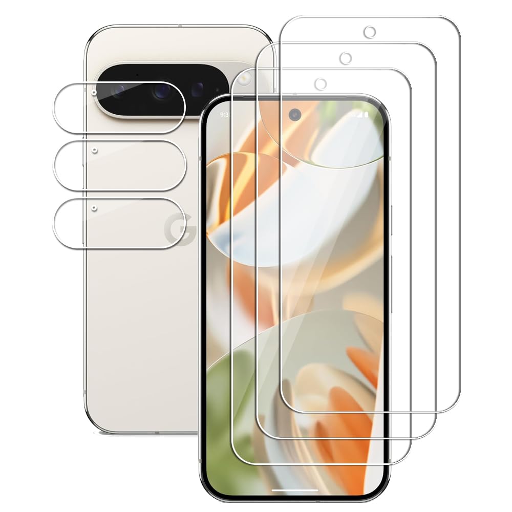 (3+3) For Google Pixel 9 Pro (6.3") (3 Pack) Tempered Glass Screen Protector and (3 Pack) Camera Lens Protector, 9H Hardness, 2.5D, Anti Scratch, HD Clear