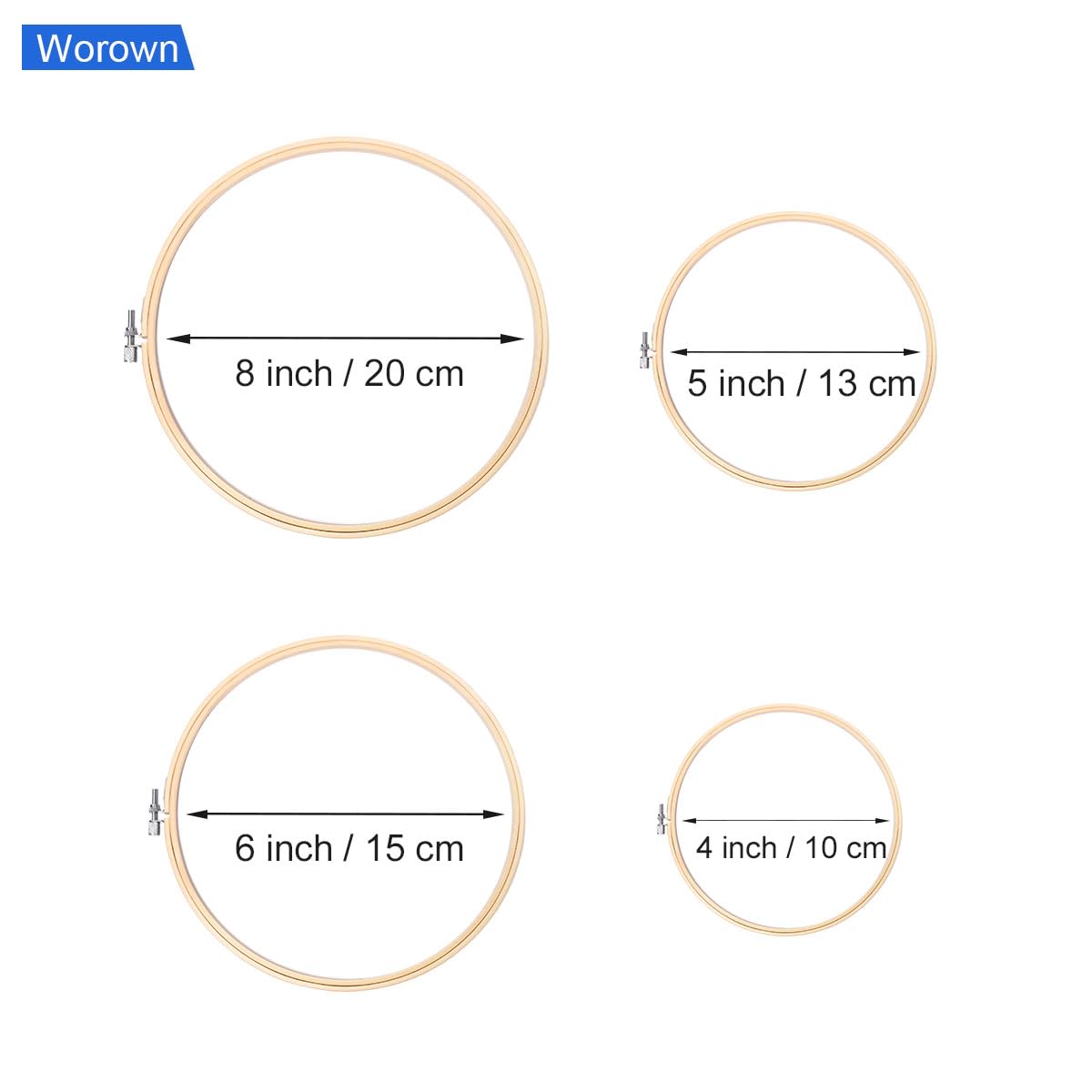 Worown 4 Sizes (10, 13, 15 & 20cm) Bamboo Embroidery Hoops, Adjustable Sewing Circle Frame Rings - Image 2