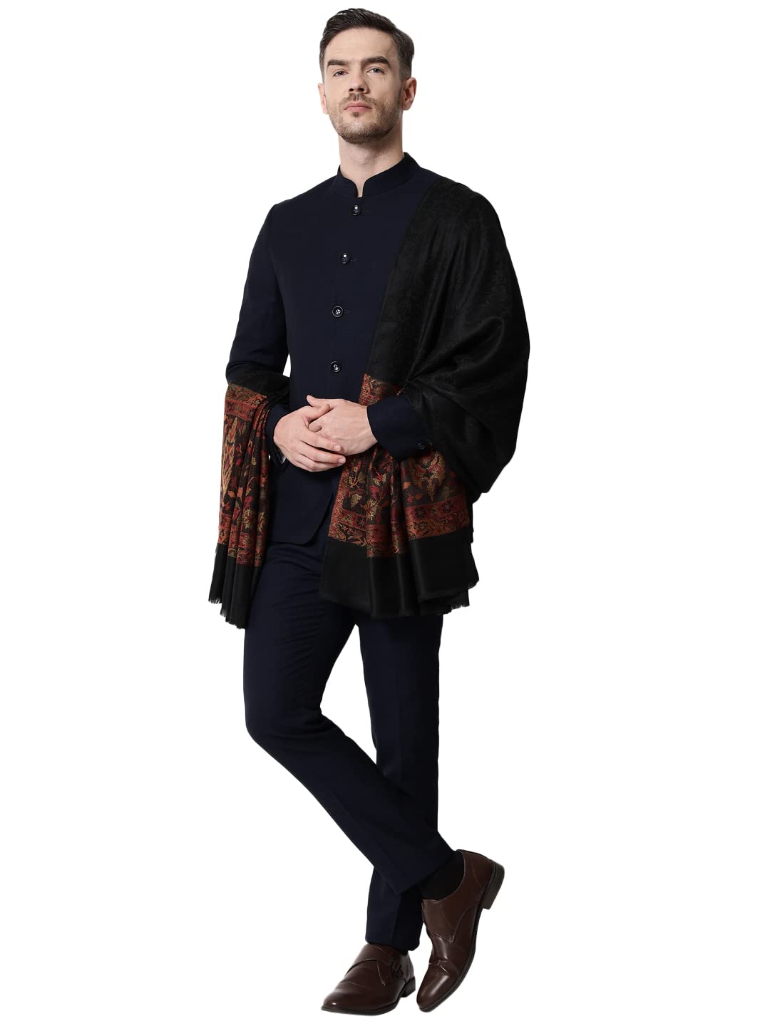 Pashtush mens Fine Wool shawl, Checkered Weave design, Black