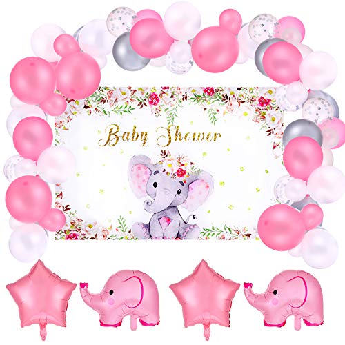 Pink Elephant Theme Decorations Includes Pink Elephant Theme Baby Shower Backdrop Star Elephant Foil Balloon Confetti Balloon Latex Balloon for Baby Shower Birthday Party Decoration, Set of 75 Pieces