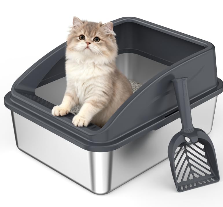 FURTIME Katzenklo Edelstahl, Katzentoilette Edelstahl 18L mit Schaufel, Katzenklo Metall mit Hochwandigem Seitengehäuse Auslaufsicher Gegen Verschüttungen für Kätzchen,Neugeborene Katze, 44x34x21cm