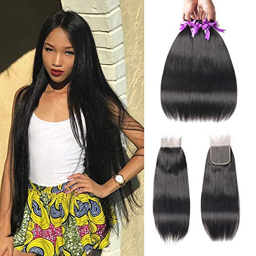 Beaudiva Hair 8A Brazilian Virgin Hair 3 Bundles with Closure Brazilian Hair Weave 100% Unprocessed Brazilian Human Hair With Free Part Lace Closure… (22 24 26+20inch, Bundles With Closure)