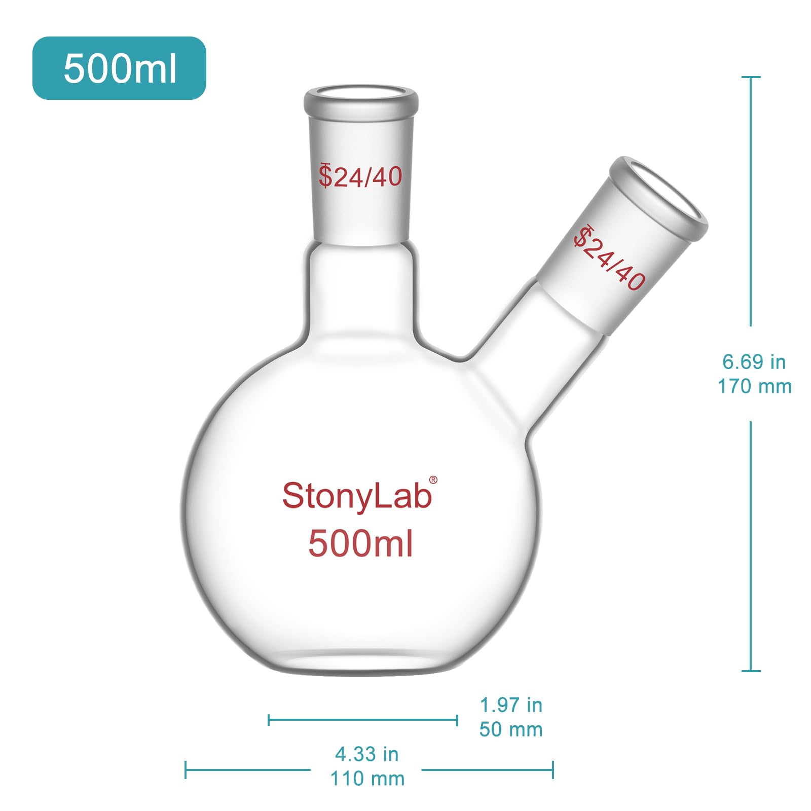 stonylab Flachbodenkolben FBF, Schwerwandiger 2-Hals-Laborkolben Borosilikatglas Flachboden Siedekolben mit 24/40 Standard-Gelenk, 500 ml
