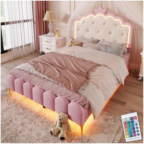 Lubvtti Cama Acolchada 140 x 200 cm con LED,Cama Individual en Forma de Corona de Princesa,Cama Infantil,Cama Matrimonio,Estructura Cama 140 x 200 con somier de láminas, PU,Rosa