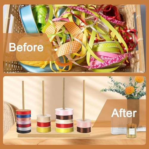 Image of Wooden Ribbon Holder, Adequate Storage Organizer for Ribbons, Thread Rack Accommodates 80 Bobbins, Easy Assembly, Bow Maker for Crafts