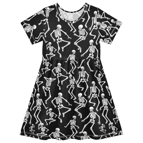ALAZA Dancing Skeleton Sugar Skull Toddler Girls Dress Short Sleeve A-line Dress 2-8 Years
