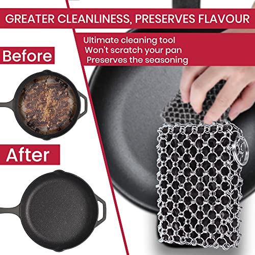 Image of Zylark 316L Cast Iron Scrubber + Scraper Tool - Pan Cleaner Scrubber with Silicone Insert - Cast Iron Cleaning Kit - Chainmail Scrubber for Cookware