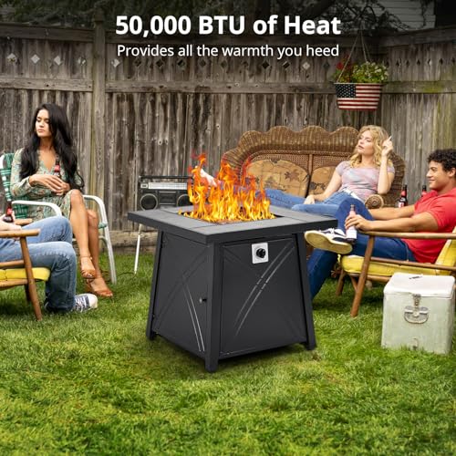 28 Inch Gas Fire Pit Table, Outdoor Propane Fire Pit Table with Steel Lid & Volcanic Rock, Square Firepit Adjustable Footpads for Gatherings Parties on Patio Deck Garden Backyard