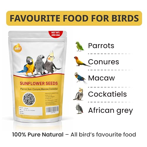 Image of BOLTZ Striped Premium Sunflower Seeds for Birds, Bird Food for Lovebirds, Cockatiels, Sun Conure, African Grey Parrot, Amazon, Macaws, Cockatoos for All Life Stages (450Gm (Pack 1))