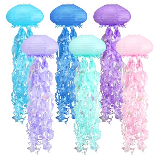 Image of Jellyfish Paper Lanterns Under The Sea Party Decorations for Mermaid Ocean Themed Birthday Party Decorations Baby Shower Classroom Decor 6pcs Blue Style Lantern