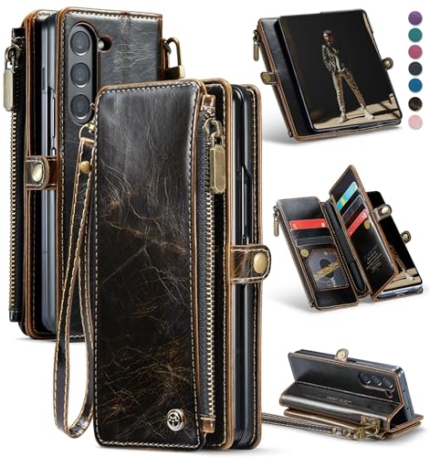 Defencase Wallet Case Compatible with Samsung Galaxy Z Fold 5 with RFID Blocking Card Holder & S Pen Holder Slot PU Leather Magnetic Snap Flip Zipper Strap Phone Case Fit for Galaxy Z Fold 5, Coffee