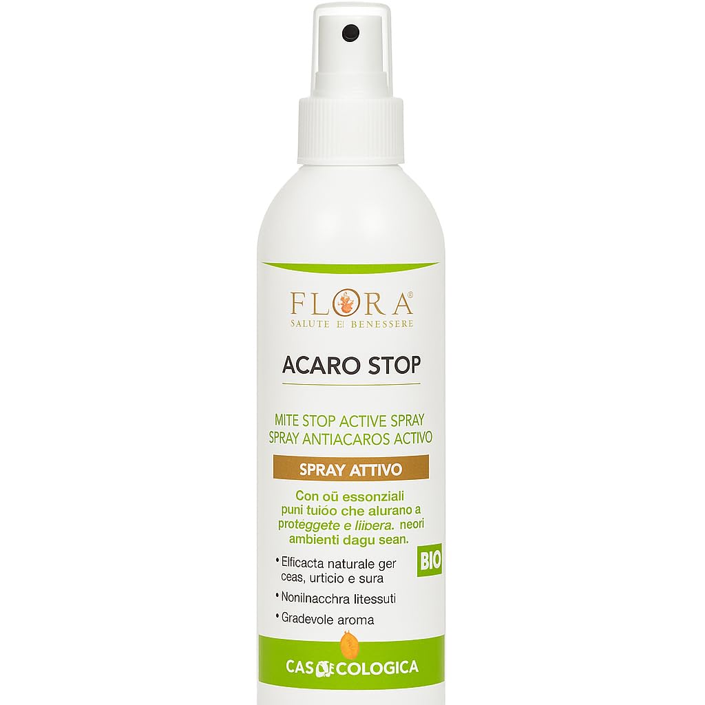 FLORA Acaro Stop Spray Antiacaro BIO-ICEA 200 ml – 15 Oli Essenziali 100% Puri + Olio di Neem, Protegge da Acari della Polvere, Non Macchia Tessuti, Uso su Materassi, Cuscini, Tappeti, Casa & Auto