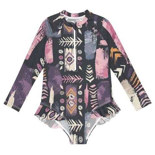 Girls One Piece Swimsuits Long Sleeve Swimsuit Zipper Bathing Suits Aztec Purple Tribal Pattern