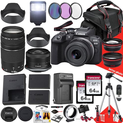 Canon EOS R10 Mirrorless Camera with RF-S 18-45mm f/4.5-6.3 is STM and EF 75-300mm f/4-5.6 III Lens + 128 GB Memory + Extra Battery + Battery Charger + Filters + Tripod + More (34pc Bundle) (Renewed)