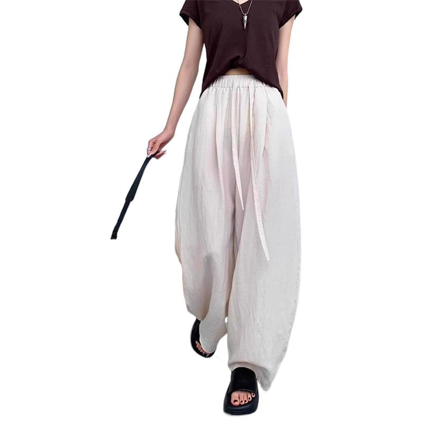 Womens Pants Summer Casual Thin Loose Wide-Leg Trouser for Women-White-Large
