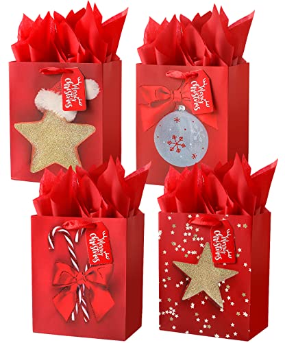 KomoLeay 4 Pack 9' Medium Size Gift Bags Assorted Christmas gift bags with Tissue Paper for...