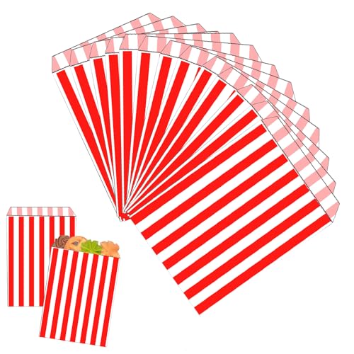 100 Rote Gestreifte Papiertüten, 12x18cm, SchenkePapiertüten, Schokolade, Bonbons und Plätzchen Für Kinder,Pommes und Dergleichen, Feten Für die Weihnachtsfeier und die Geburtstage.