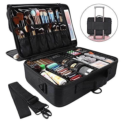 GZCZ 3 Layers Large Capacity Travel Professional Makeup Train Case Cosmetic Brush Organizer Portable Artist Storage bag 16.5 inches with Adjustable Dividers and shoulder strap for Make up Accessories