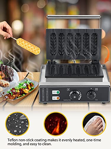 Cgoldenwall Commercial/Home Electric Corn Hot Dog Machine Non-Stick French Muffin Waffle Irons 6Pcs Waffle Stick Maker Stainless Steel Temperature Range 50-300 ℃ Timer 0-5 Min 1550W 110V #TOP1