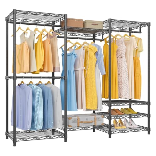 パイプハンガーラック ハンガー 洋服ラック 大容量 洋服ハンガー ワードローブ 衣類収納 5段収納棚付き 頑丈 高さ調節 省スペース 組立簡単 ブラック 175*40*195cm (ブラック)