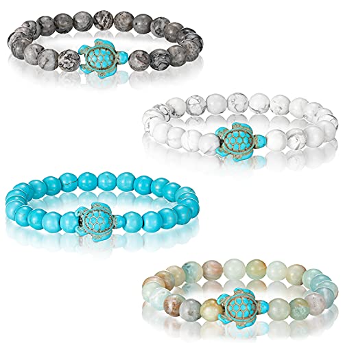Bonuci Turtle Bracelet 4 Pieces Sea Turtle Beads Ocean Bracelets Natural Stone Turquoise Stretch Bracelet Gifts for Women Men