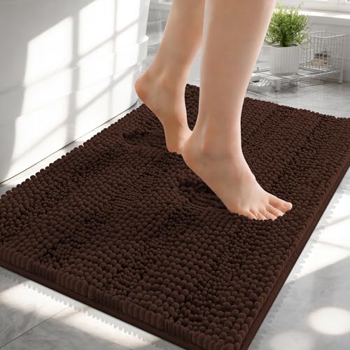 Image of OLANLY Thick Small Bathroom Rugs 24x16, Extra Soft Absorbent Chenille Striped Bath Rugs, Rubber Backing, Machine Wash, Bath Mats for Bathroom Floor, Tub and Shower, Home Decor Accessories, Brown