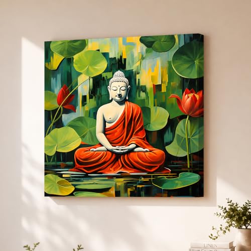 Image of PAINTINGMANTRA Buddha Painting for Living Room, Buddha Floral wall Art Painting for living room, Bedroom, office and Home, Canvas, 22x22 Inch
